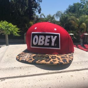 Red and leopard OBEY hat